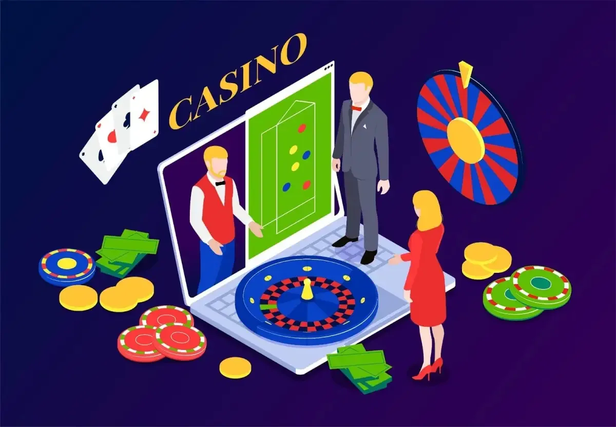 Ilustración plana genérica de una sala de juego con crupier, ruleta y cartas, sin marca alguna.